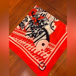 GUCCI Vintage 1970s Rare Cotton Scarf - Abstract Fish Graphic - Red Black White